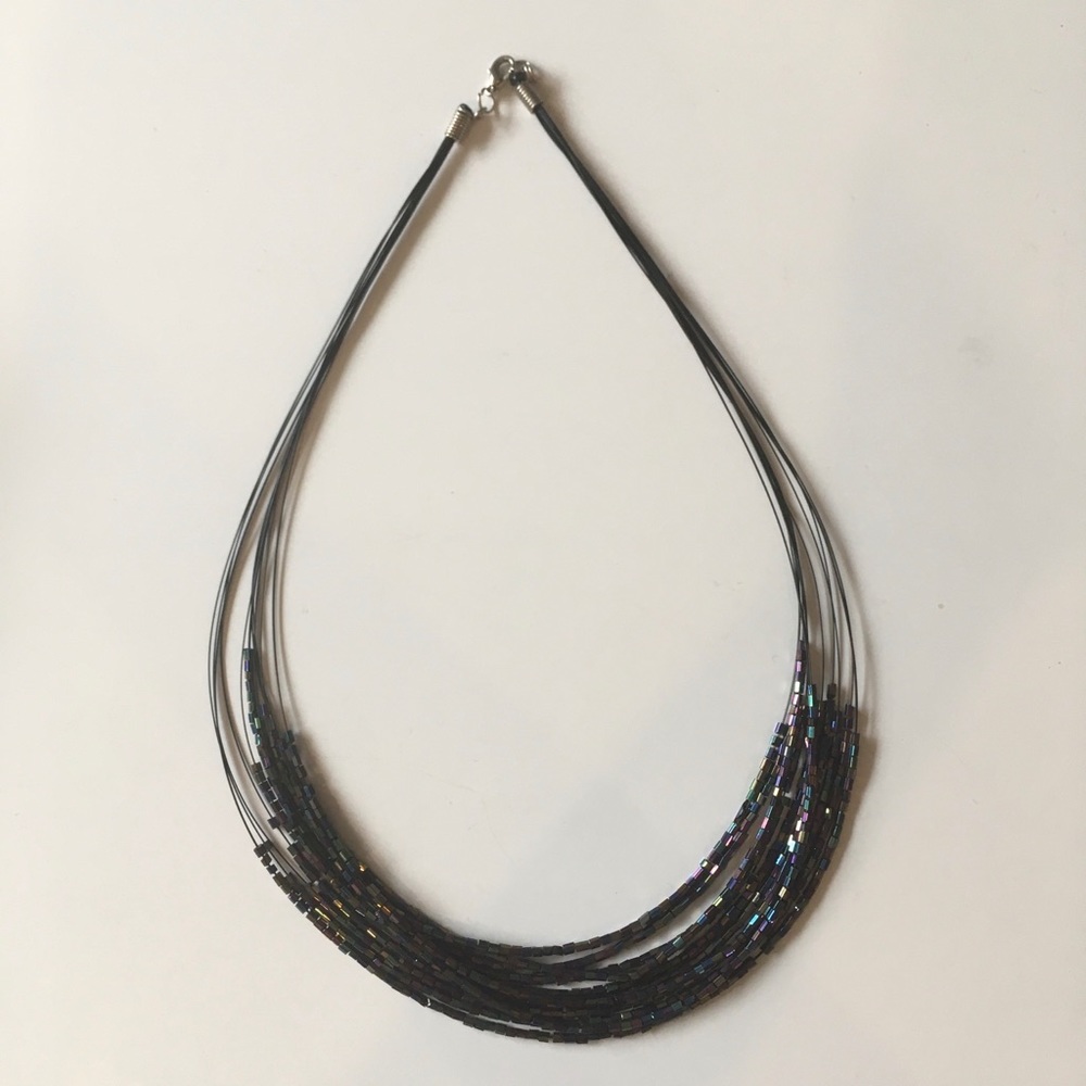 Iridescent black beaded layered necklace